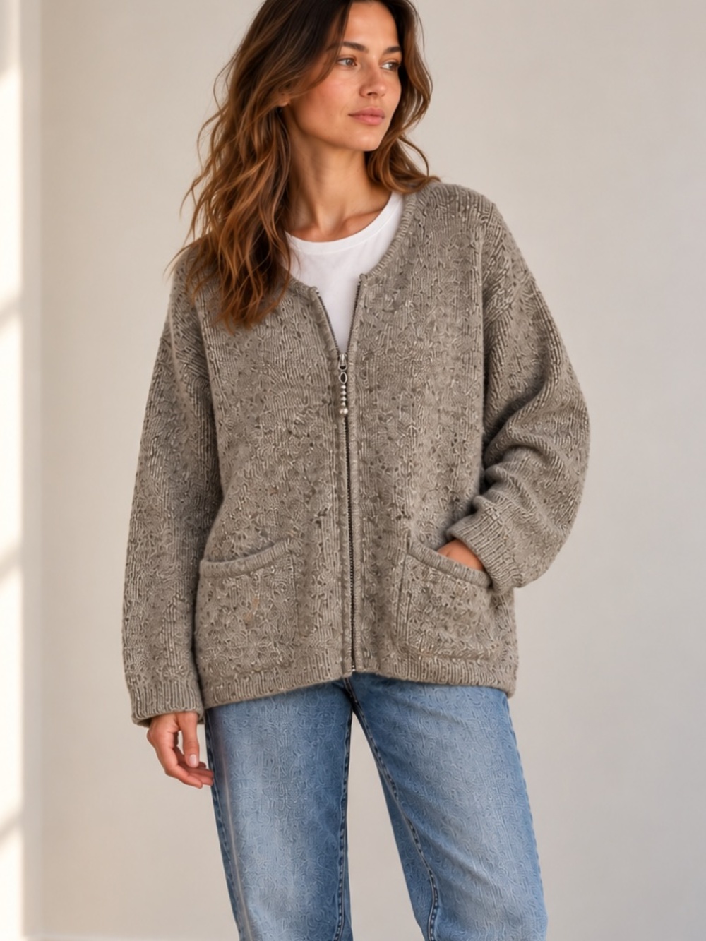 Vintage L.L.Bean Wool Blend Zip Cardigan Sweater Heather Gray XL